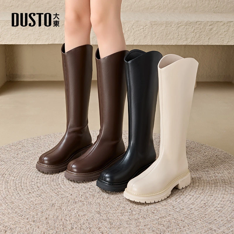 大东时尚骑士靴女2025春季优雅百搭厚底高筒靴小个子增高女鞋0108