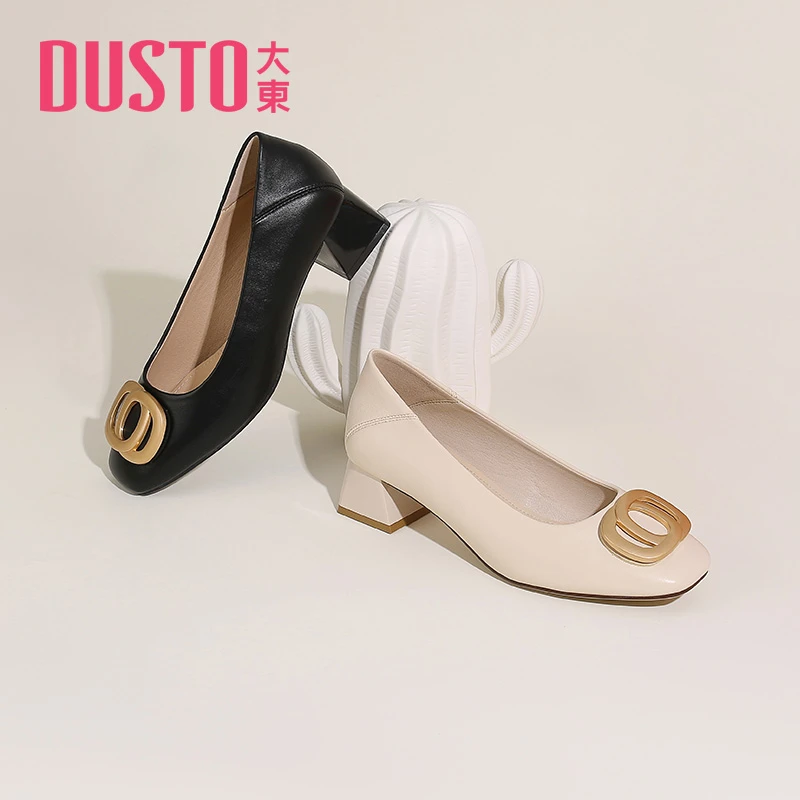 DUSTO/大东浅口鞋女2024秋季新款优雅套脚方扣单鞋粗跟女鞋Q0010
