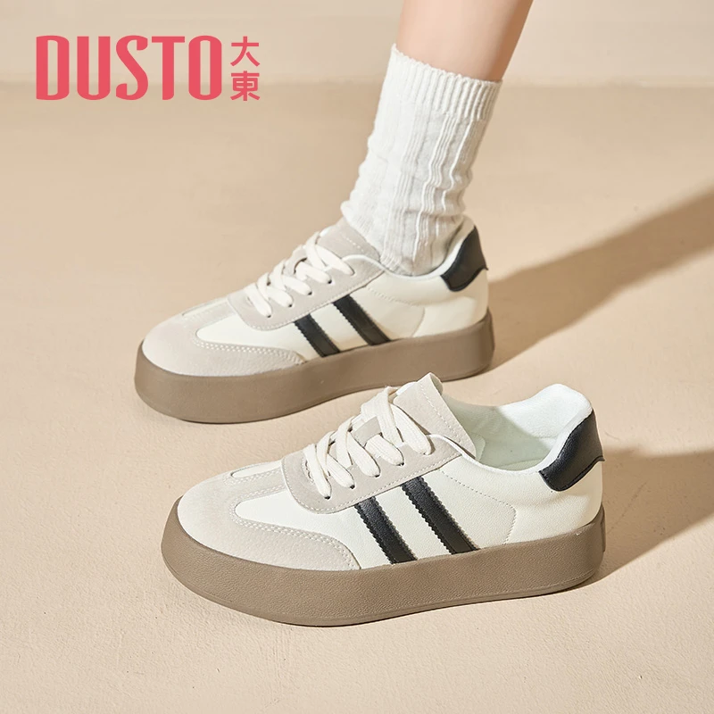DUSTO/大东板鞋2025春季新款休闲中跟平底小白鞋圆头系带女鞋0666