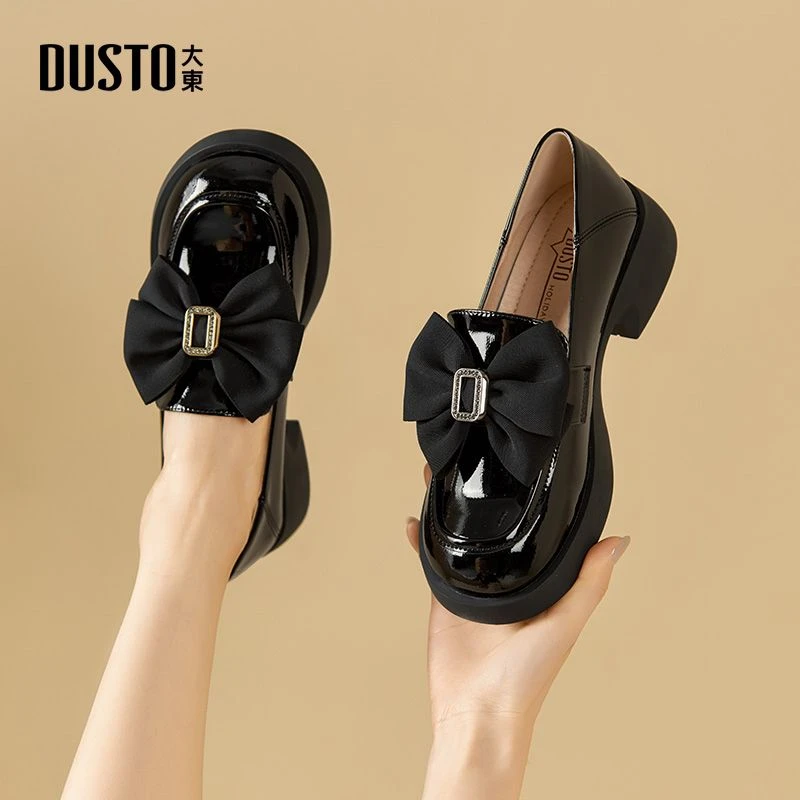 大东百搭秋季新款乐福鞋女蝴蝶结英伦风甜美通勤外穿中跟单鞋3205