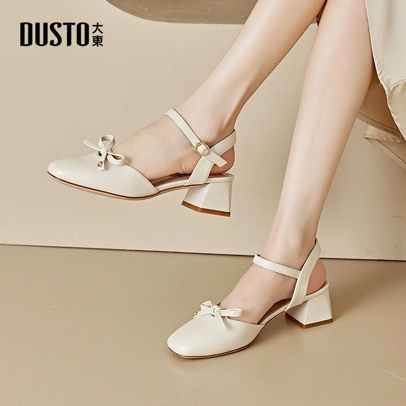 大东法式凉鞋女款外穿夏季新款甜美风中跟粗跟方头蝴蝶结单鞋3415