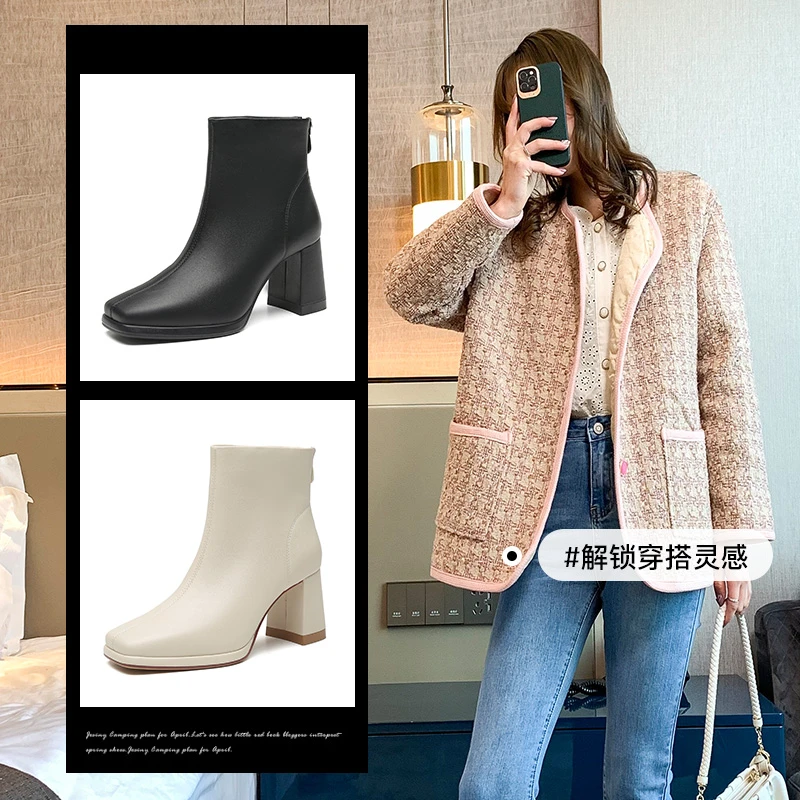 大东加绒时装靴2024秋冬百搭英伦风方头高跟增高瘦腿靴子女鞋0126