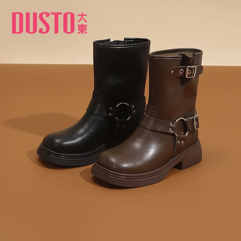 DUSTO/大东粗跟短靴女2024秋冬新款休闲方头皮带扣牛仔靴粗跟女鞋