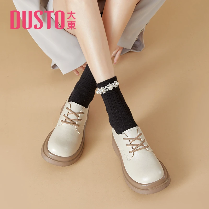 DUSTO/大东时尚乐福鞋女春季新款学院风中跟平底小皮鞋深口女鞋