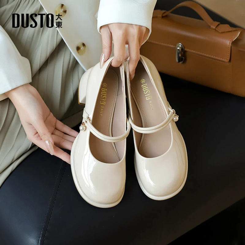 大东玛丽珍鞋女2025秋季新款浅口中跟单鞋女珍珠时尚百搭女鞋0033