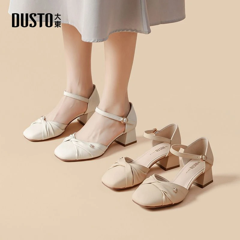 大东百搭气质粗跟法式包头凉鞋新款仙女风方头中跟女鞋1002