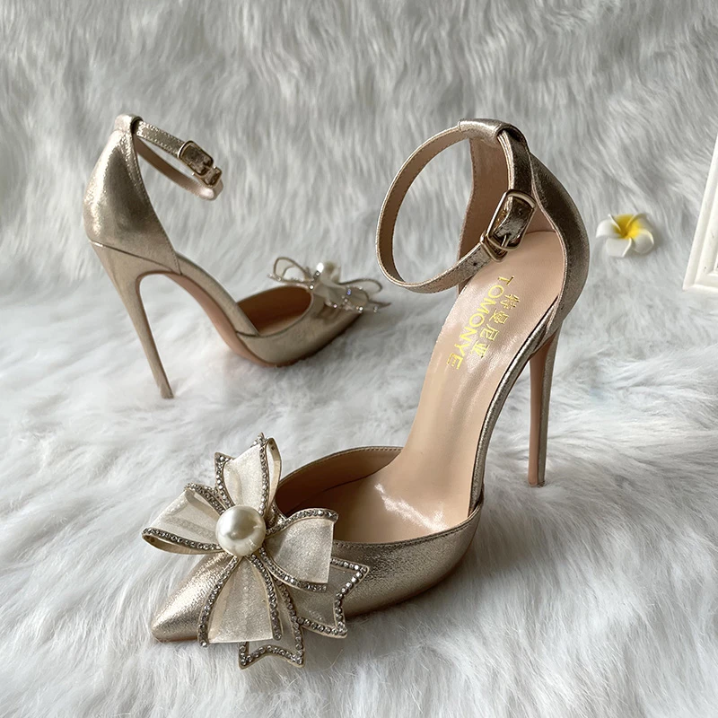 香槟浅金色爆裂纹珍珠网纱水钻蝴蝶结中空一字带脚环带恨天高单鞋