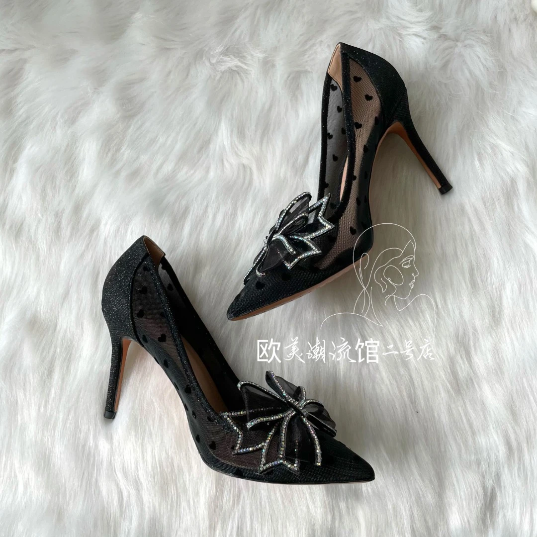 欧美夜店性感尖头网状镂空水钻网纱蝴蝶结舒适9cm透视高跟单鞋