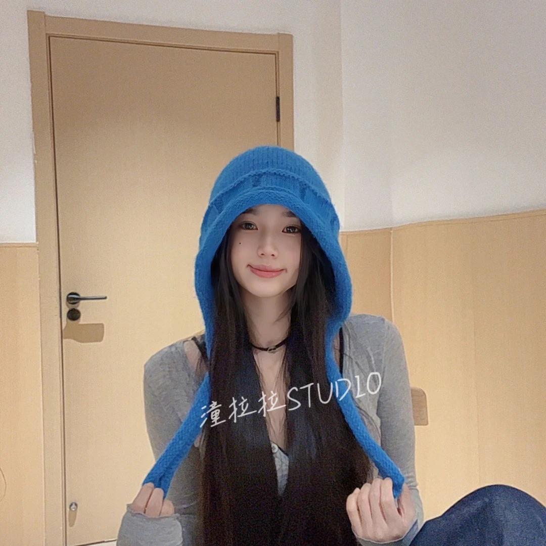 蓝色绑带旅游出片针织包头帽女秋冬季百搭毛绒毛线帽显脸小帽子