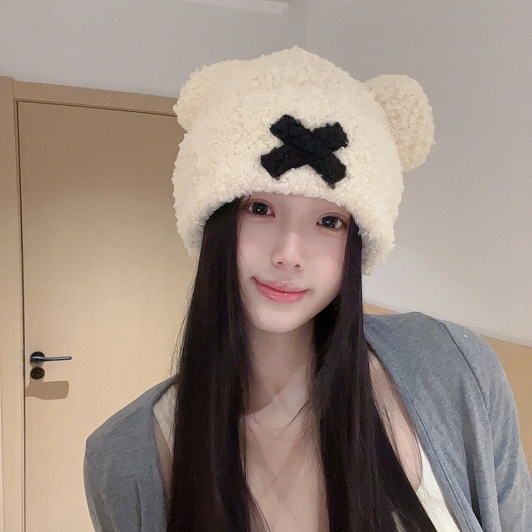 可爱小熊耳朵帽子女秋冬季24新款百搭大头围保暖针织毛线帽显脸小