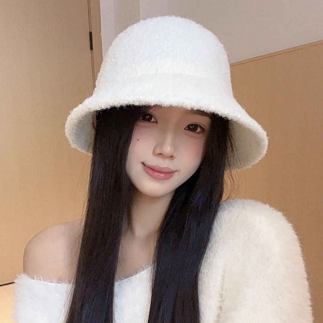 帽子女款冬季新款毛绒渔夫帽秋冬素颜显脸小水桶帽纯色保暖盆帽
