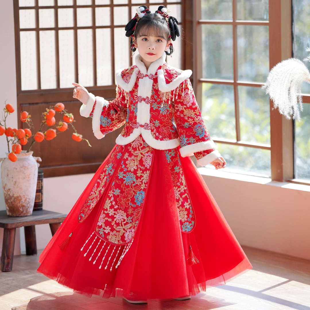 2024新款唐装儿童女童红色加绒加厚甜美可爱中国风秋冬拜年服