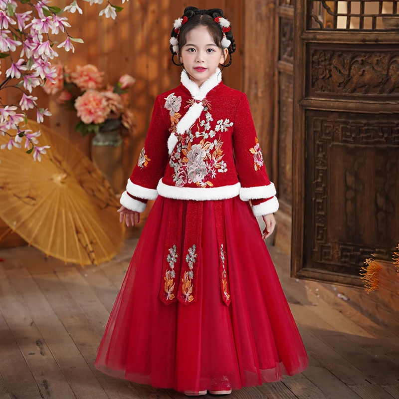 【琉璃】女童汉服2025新款中国风拜年服冬加绒加厚红色女孩古装冬款