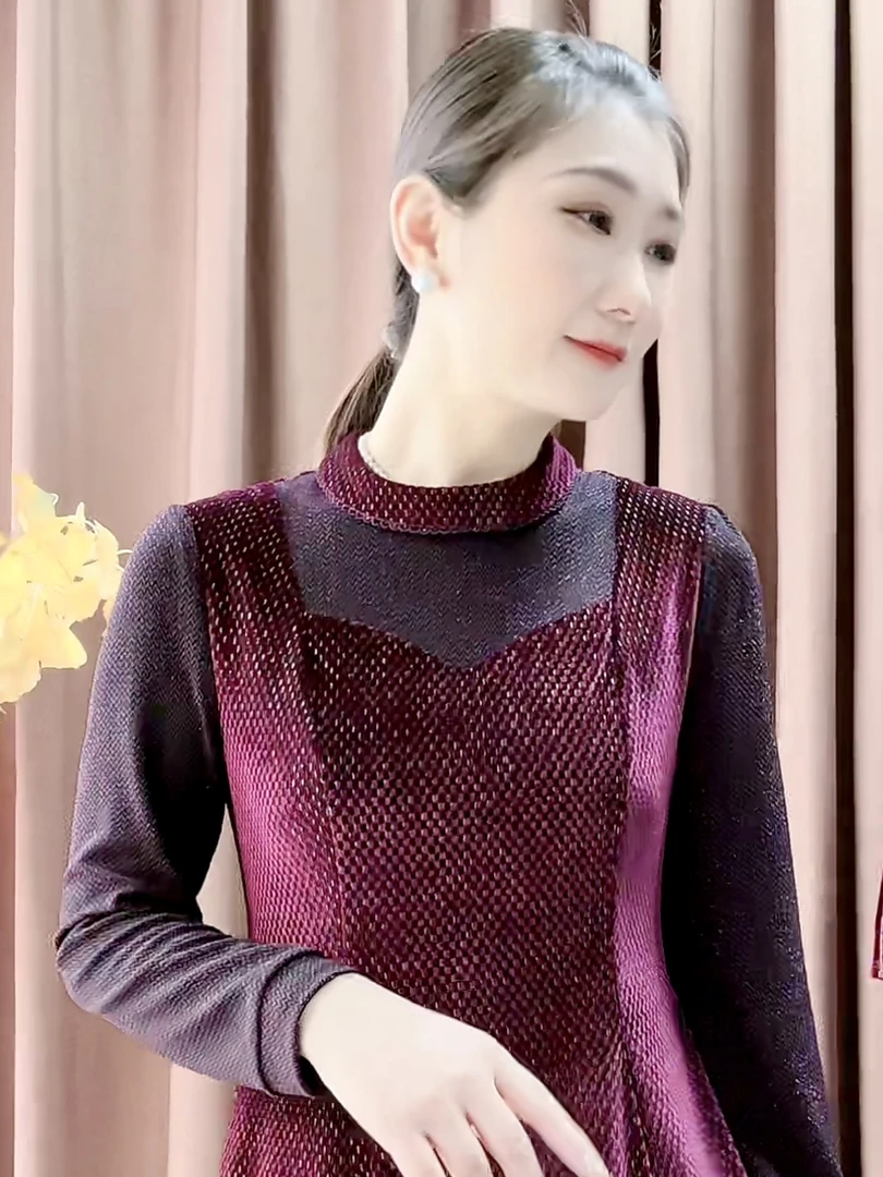 980#秋冬半高领长袖加厚洋气时尚修身显瘦丝绒妈妈装保暖连衣裙