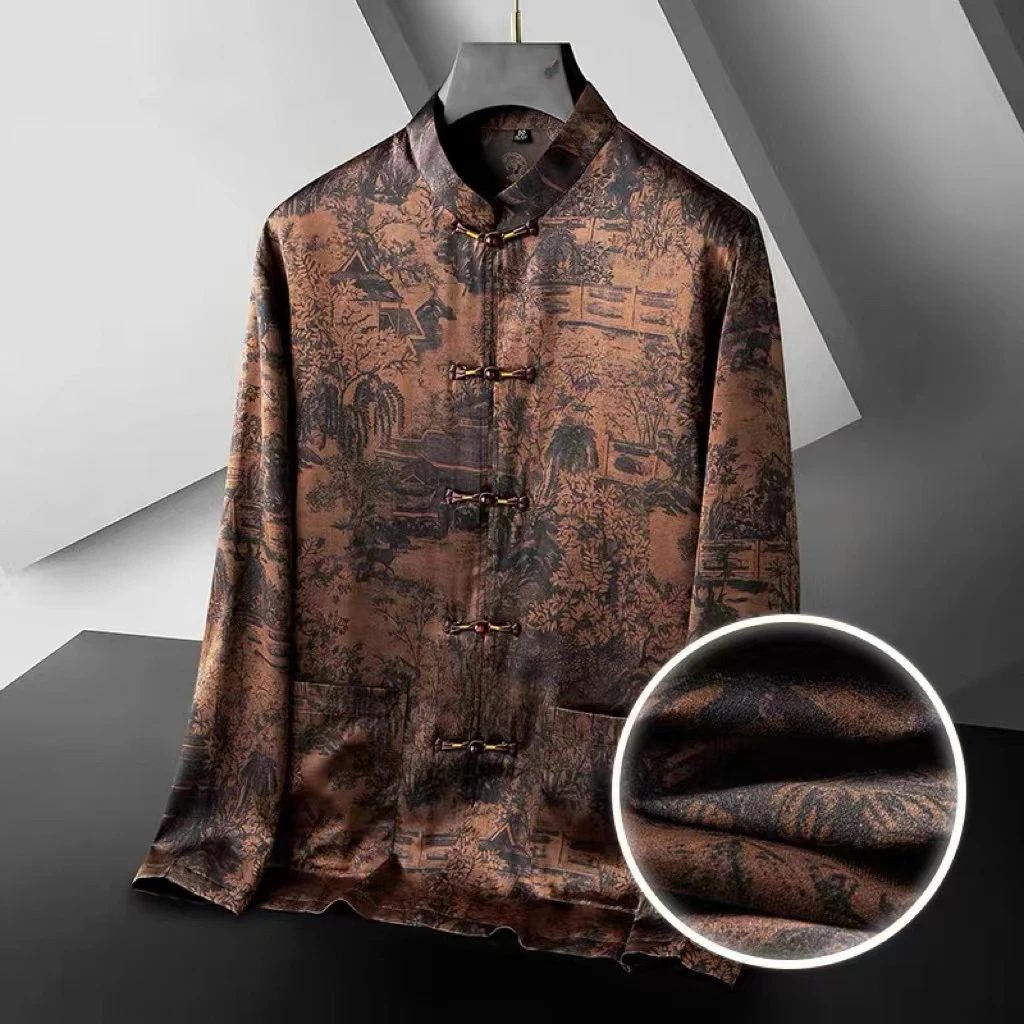 嘉杜丝绸新中式香云纱桑蚕丝9505男士唐装外套立领中国风爸爸装