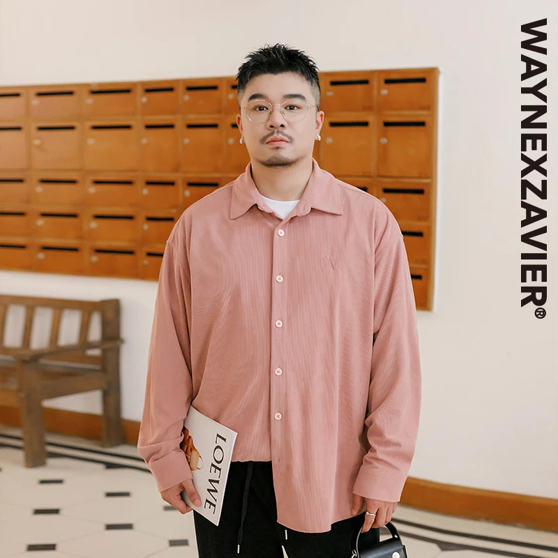 韦恩泽维尔大码粉色灯芯绒衬衫男长袖宽松加肥加大休闲衬衣9017