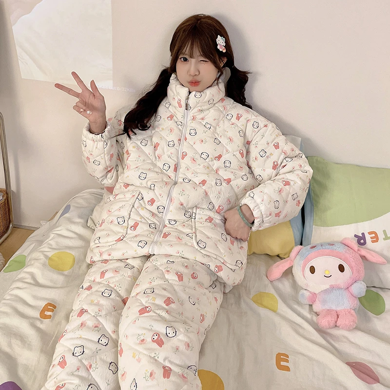 『KT&美乐蒂』夹棉女款冬季睡衣加绒加厚保暖卡通甜美少女家居服