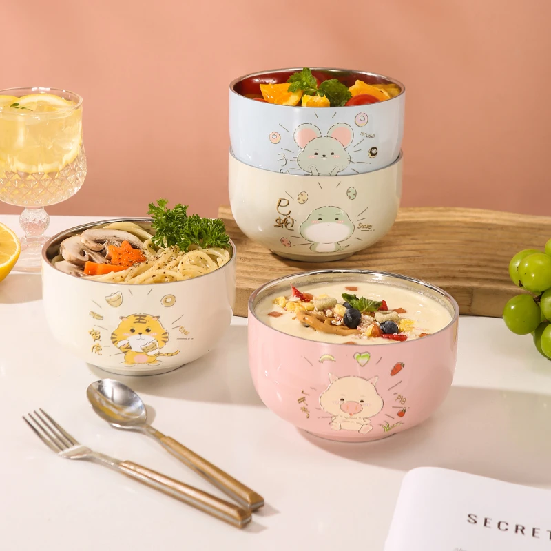 【12生肖】316不锈钢碗儿童吃饭碗家用双层隔热防烫宝宝辅食碗可爱
