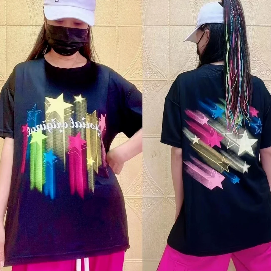 曳步舞爆款夏季555款星星图案冰棉短袖/男女同款时尚潮流宽松运动