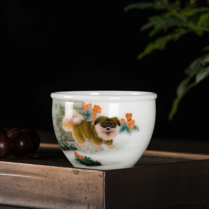 千红窑纯手工主人杯陶瓷茶杯釉下彩工笔走兽手绘艺术品茶器小狗杯