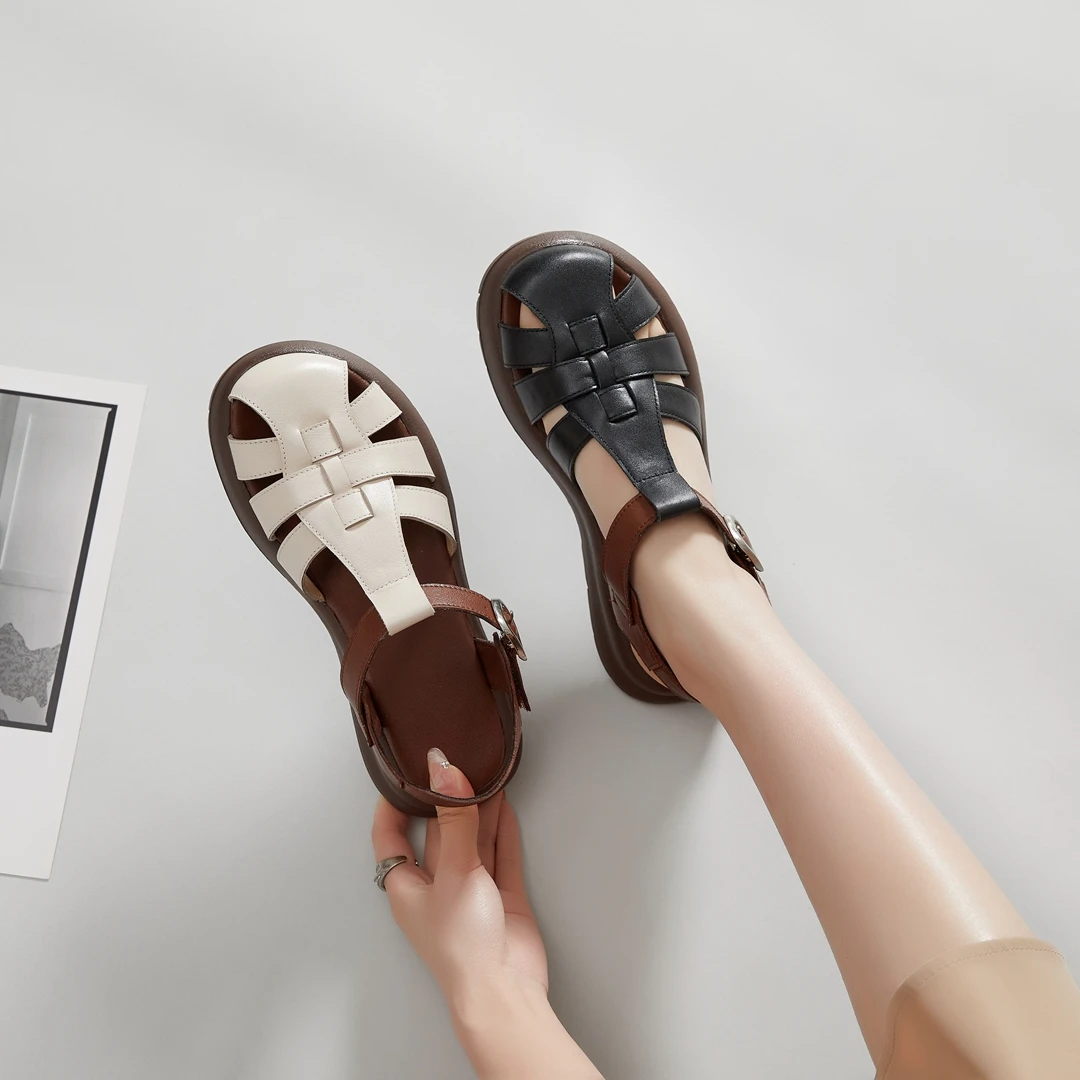 6291大码真皮罗马凉鞋时尚休闲百搭夏季编织编织外穿软底镂空平底