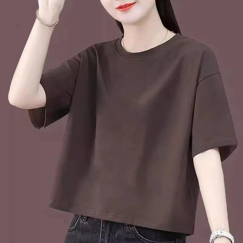 100纯棉时尚纯色短袖t恤女士2025年夏季新款小个子宽松短款上衣女