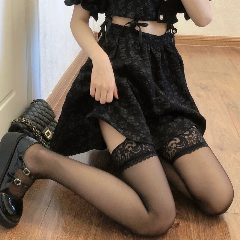 【魅友】女性感 长筒袜过膝袜jk白丝袜 春秋蕾丝花边丝袜睡裤套装