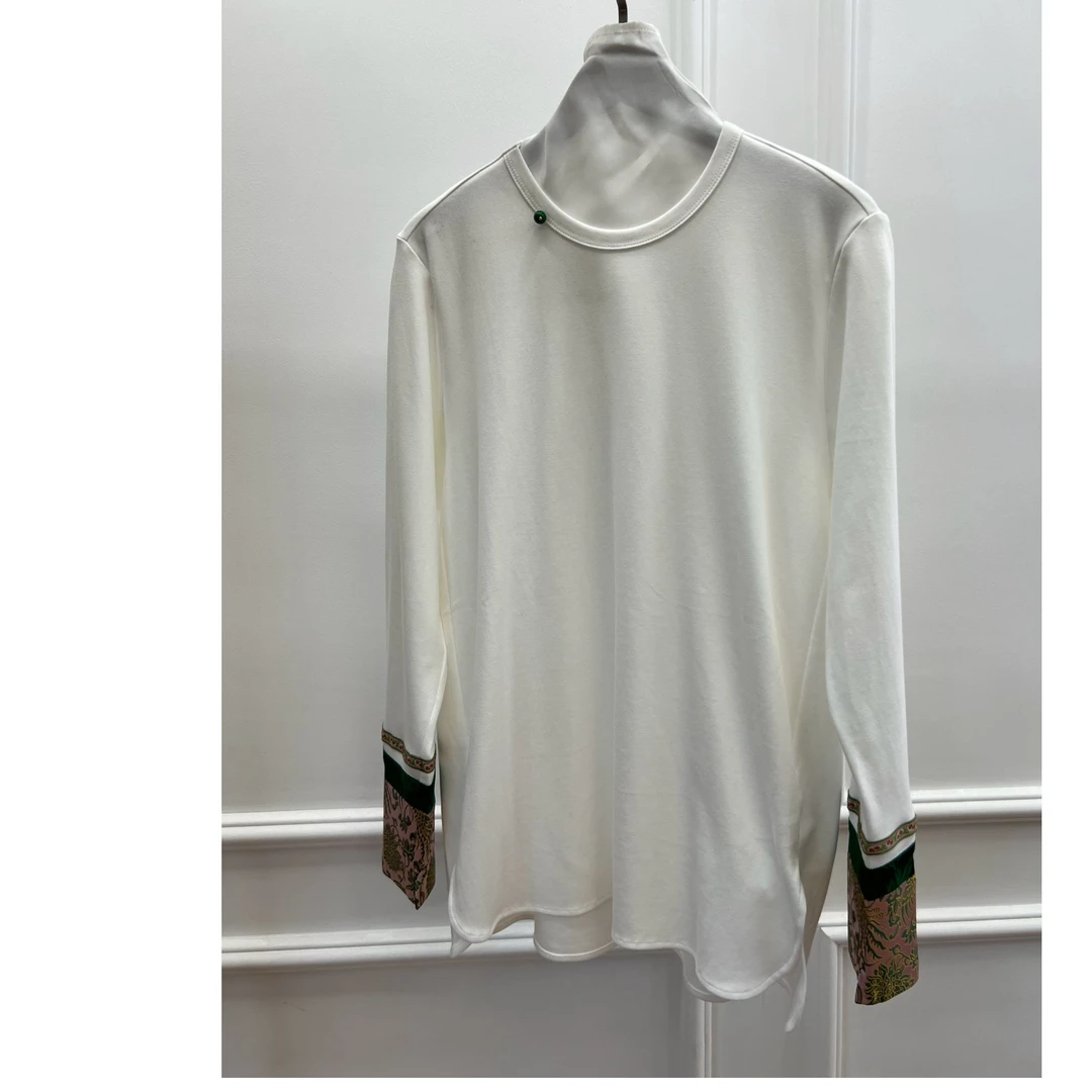 唯心家 新中式袖口拼接T恤2024秋款上新宽松显瘦内搭打底衫