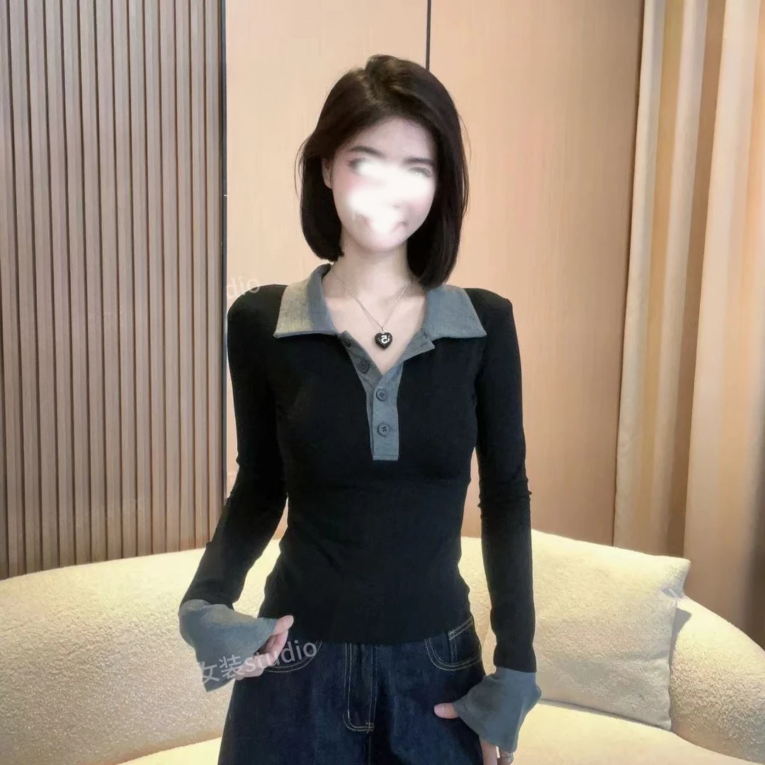 2025长袖洋气拼接时尚撞色春秋季T恤修身显瘦打底假两件上衣内搭