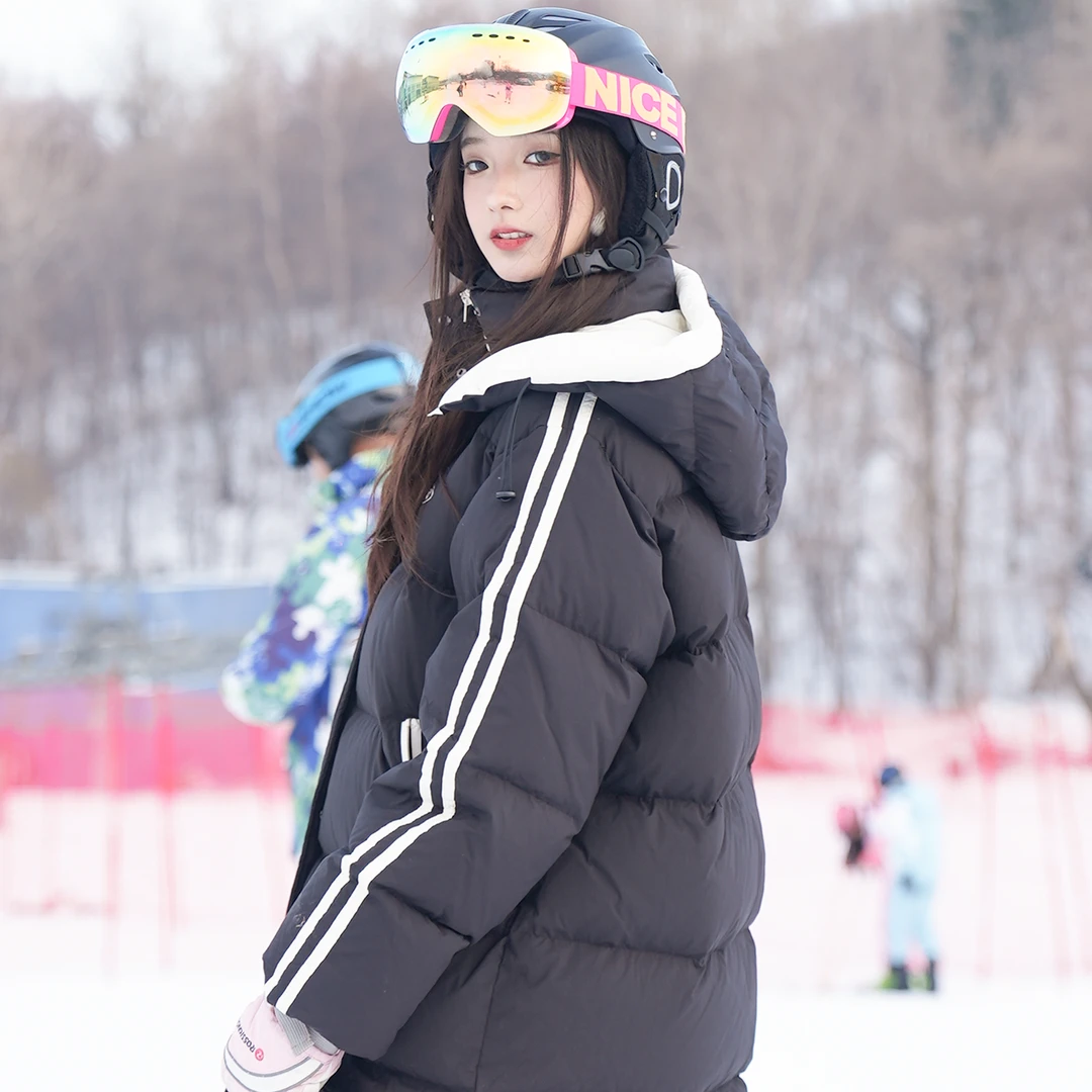 FPA长款羽绒服撞色连帽时尚中长款加厚保暖冬季防风宽松情侣百搭