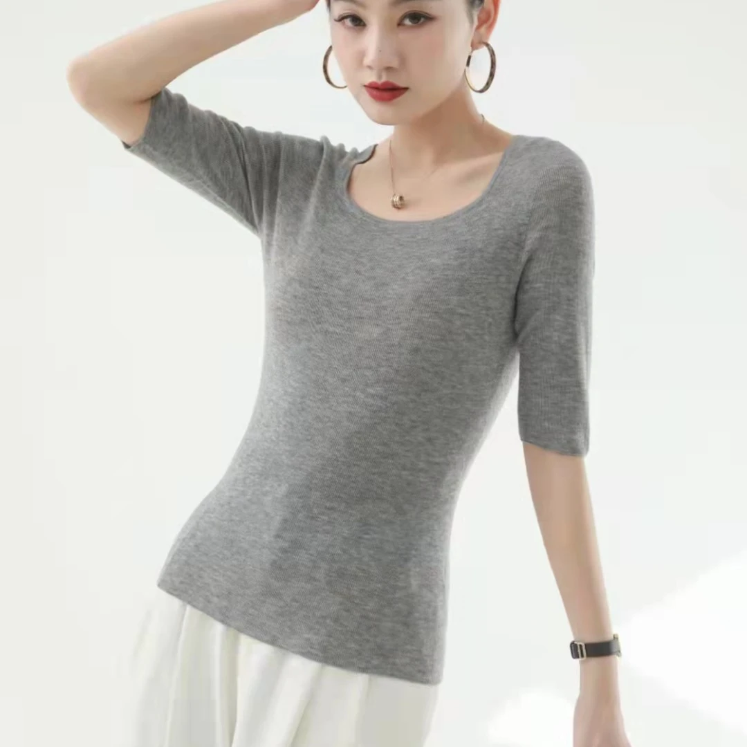 18针春夏一线成衣水溶羊毛方领半袖纯色修身显瘦女装上衣百搭款