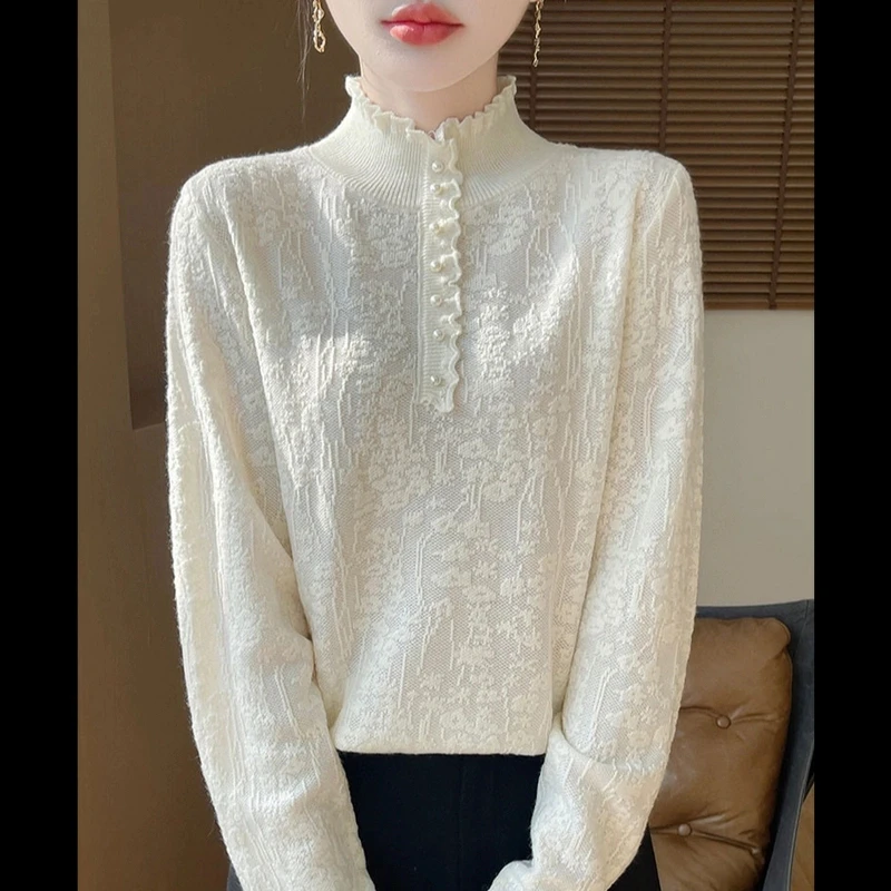 2024年秋冬新款洋气优雅木耳花边半高领打底衫针织衫毛衣L710