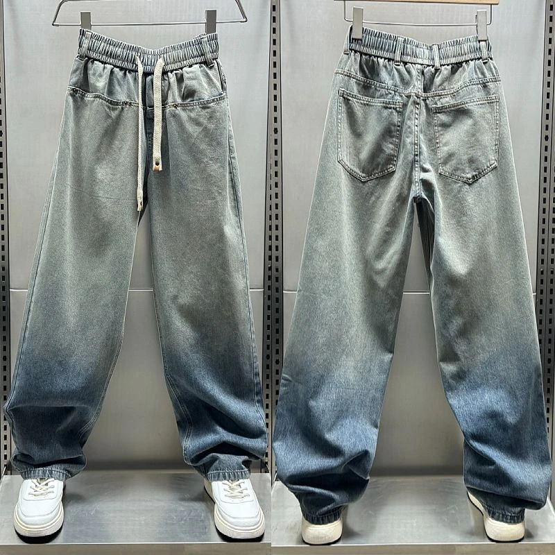 2024秋季新款男士渐变色拖地阔腿长裤港风宽松直筒复古牛仔裤男潮