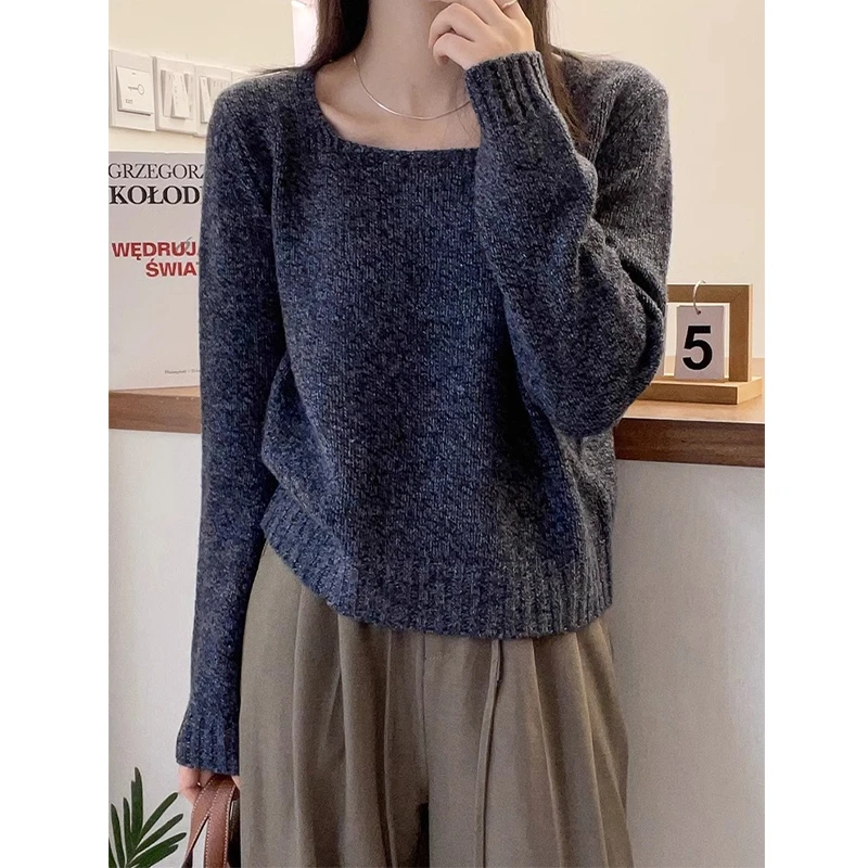 大码微胖妹妹方领软糯针织衫女冬季新款简约百搭休闲宽松显瘦上衣