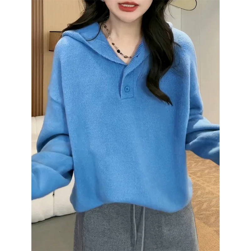 2024冬季新款胖妹妹连帽针织衫女大码宽松软糯慵懒风遮肉显瘦毛衣