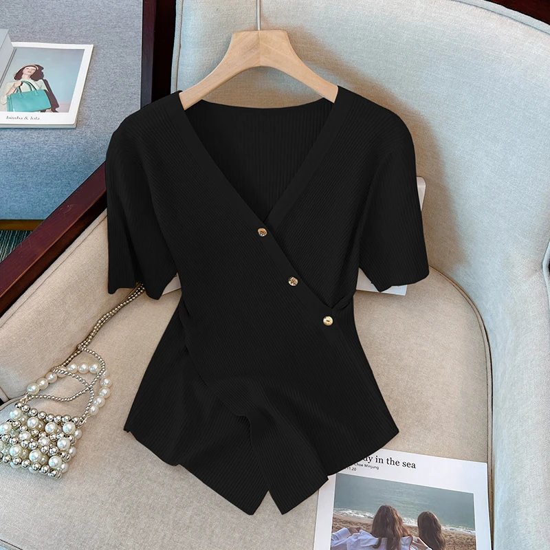 不规则冰丝短袖T恤女夏季大码胖妹妹收腰显瘦气质v领设计感上衣