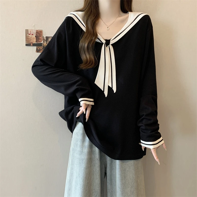 大码法式海军领长袖针织衫女2024秋季新款胖妹妹宽松显瘦百搭上衣