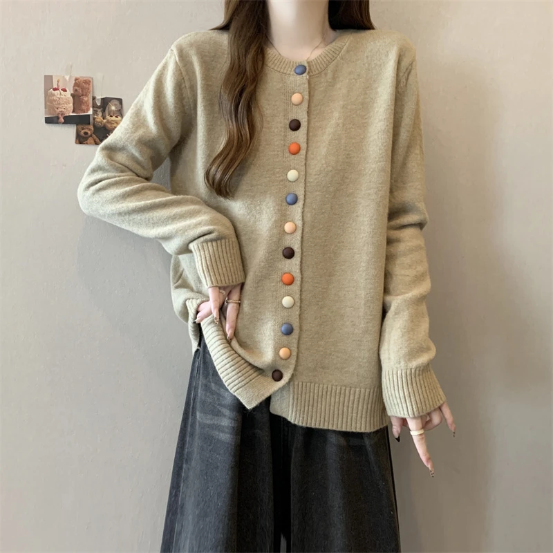 2024秋季新款大码正肩长袖针织开衫女胖MM慵懒风遮肉显瘦软糯毛衣