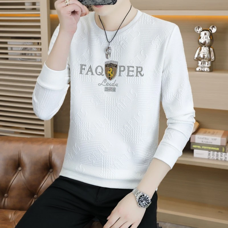 男士加绒加厚高档提花卫衣圆领百搭卫衣男时尚轻奢秋冬长袖男卫衣