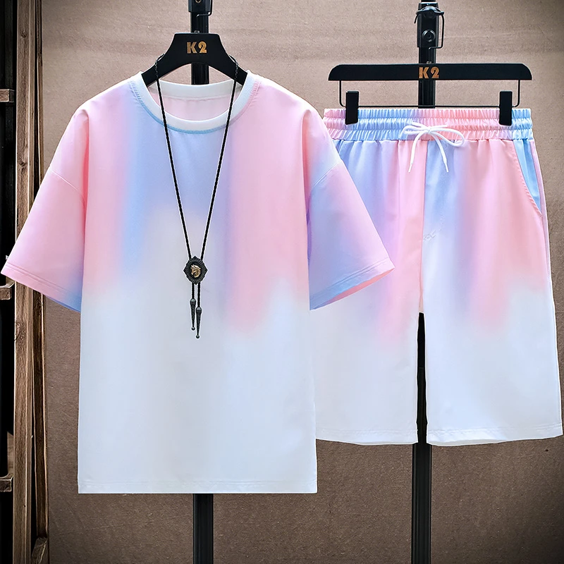夏季冰丝渐变套装男短袖T恤青少年学生韩版休闲短裤运动两件套潮