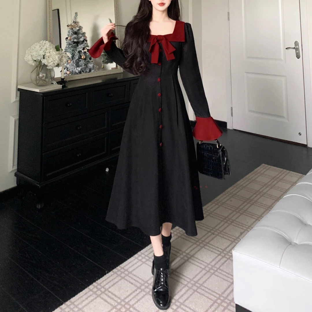 胖mm大码女装2025春秋复古法式赫本风蝴蝶结连衣裙气质高级感显瘦