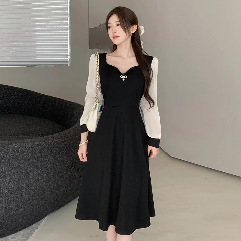 胖mm大码女装高冷女神范长袖连衣裙小黑裙收腰显瘦气质A字裙