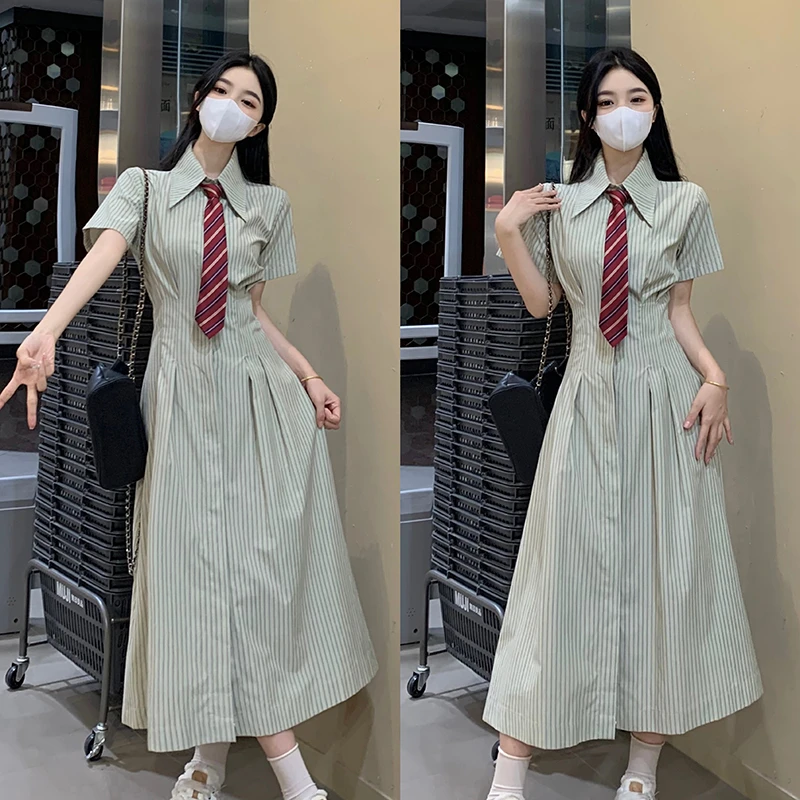 大码2024夏季学院风甜美POLO领绿条纹连衣裙女收腰显瘦衬衫长裙