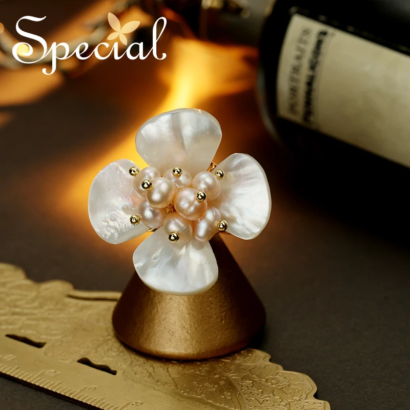 special  淡水珍珠贝壳气质开口可调节戒指 春天的来信