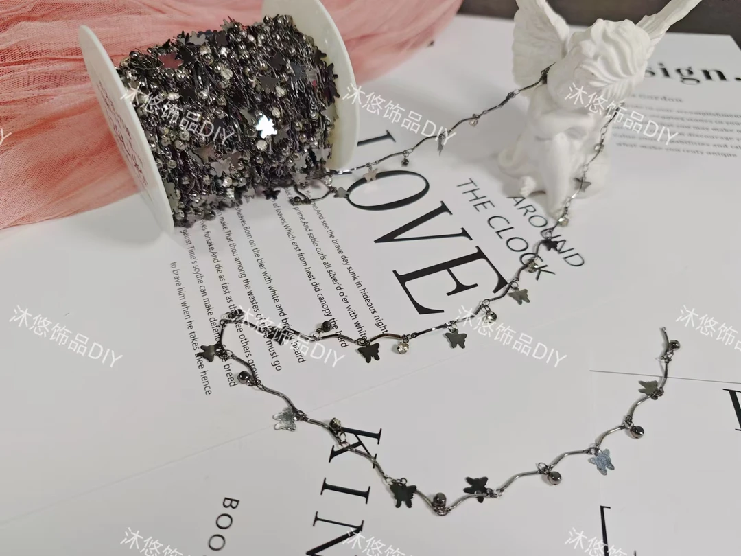 （沐悠饰品diy）L00124 “弯棍蝴蝶”枪黑色钻钻高保色链条DIY