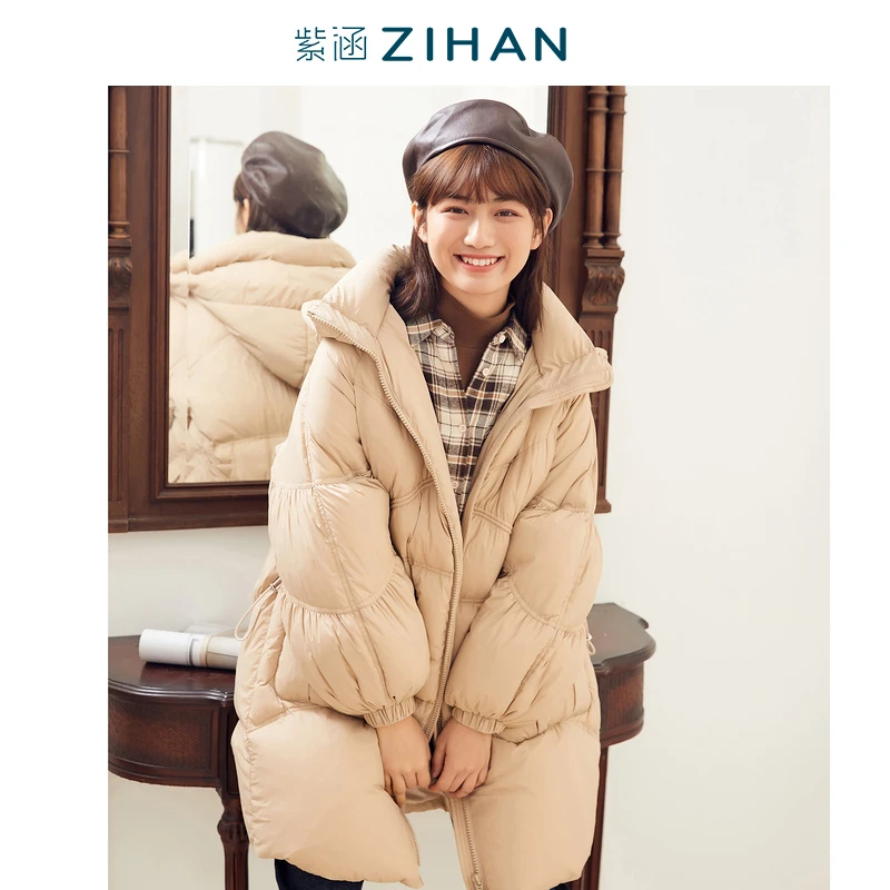 紫涵秋冬长款羽绒服白鸭绒女冬连帽加厚保暖时尚泡泡袖Z1Z09CS013