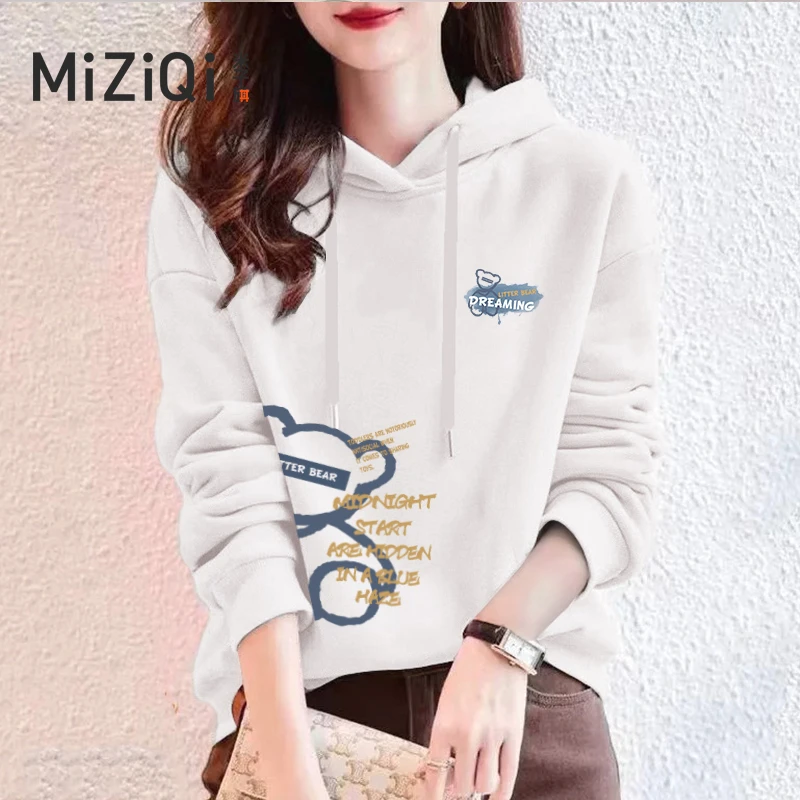 米子旗2024年春季新款学生卫衣女春新款宽松连帽印花百搭圆领