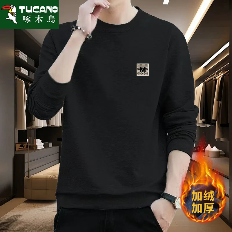 啄木鸟秋冬加绒加厚圆领卫衣潮流青年男士宽松休闲保暖打底套头衫