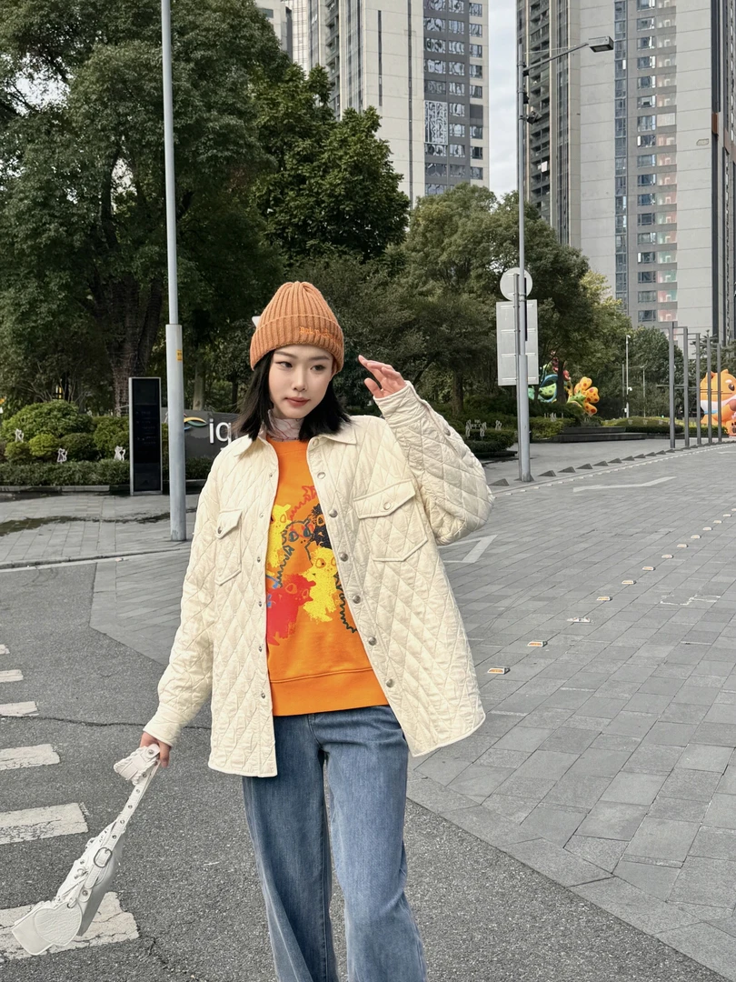 秋冬新款气质休闲柔软保暖衬衣型菱格棉服1400710