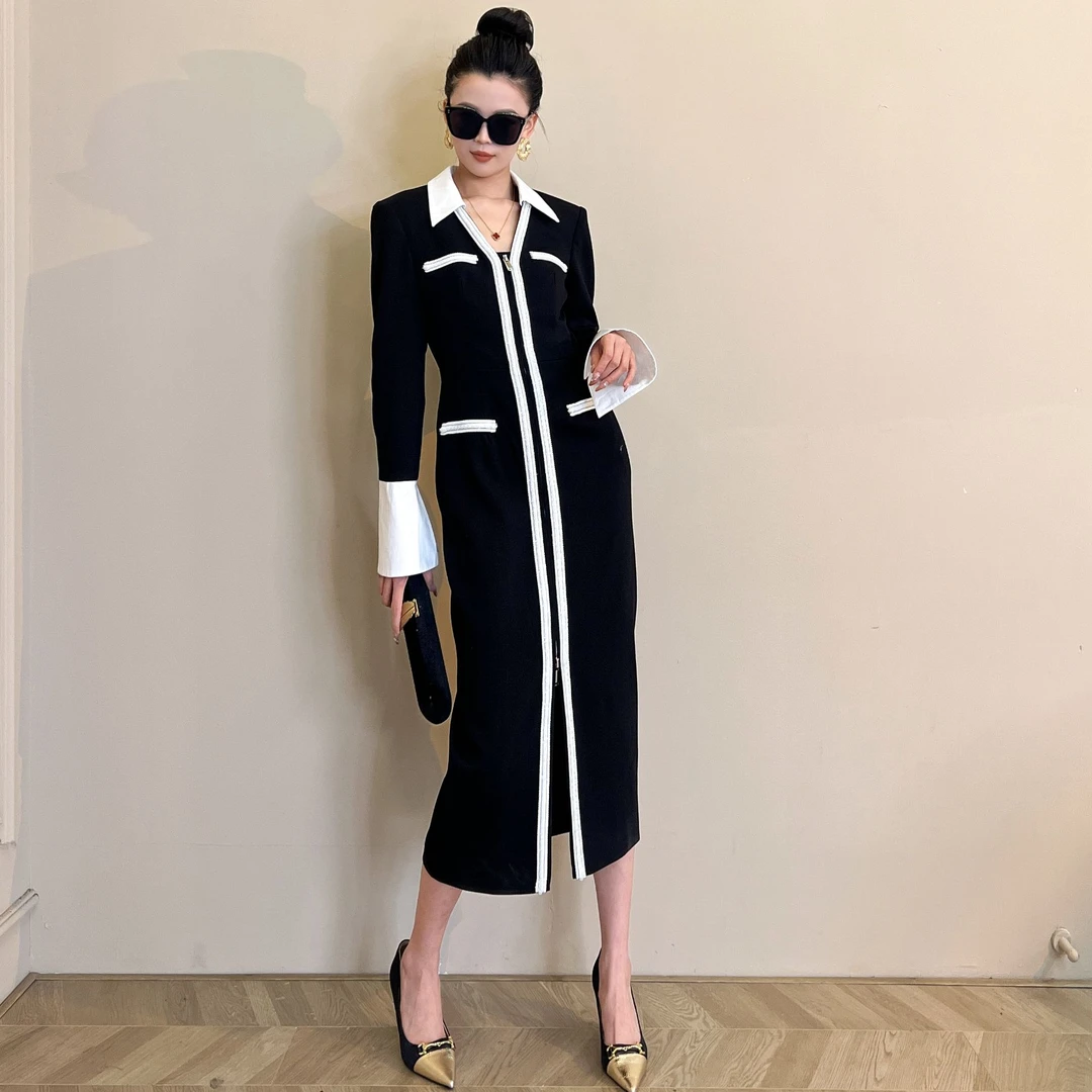 【十六原创】前拉链长袖黑色修身显瘦时尚女装连衣裙55002